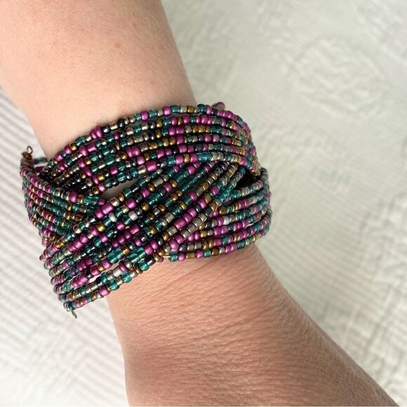 Boho woven multicolored beaded bracelet cuff and earring set - Picture 6 of 8